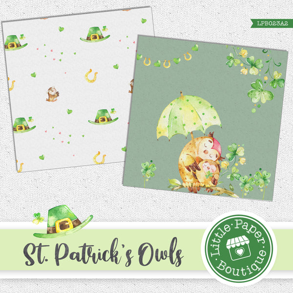 St Patrick's Day Owls Watercolor Digital Paper LPB023A2
