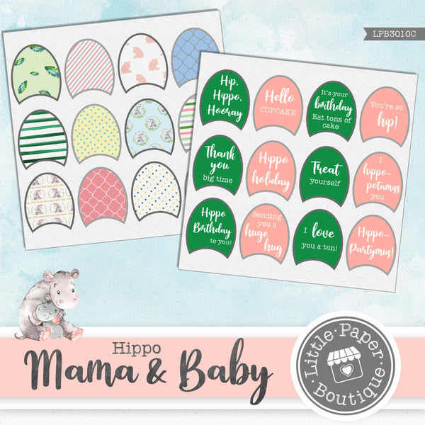Hippo Mama & Baby Watercolor Ephemera Tags Digital Paper LPB3010C