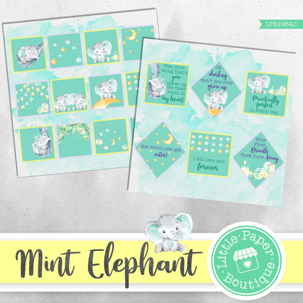 Mint Elephant Watercolor Ephemera Tags Digital Paper LPB1064C