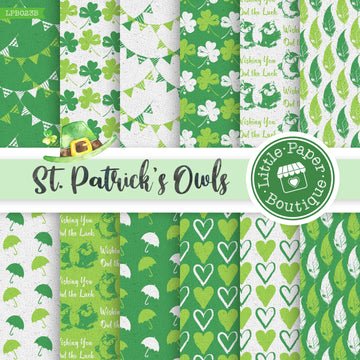 St Patrick's Day Owls Watercolor Digital Paper LPB023B