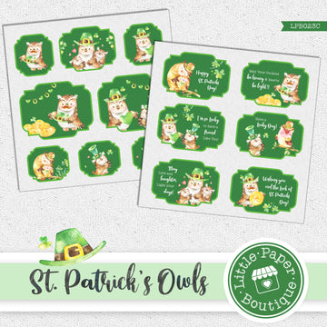 St Patrick's Day Owls Watercolor Ephemera Tags Digital Paper LPB023C