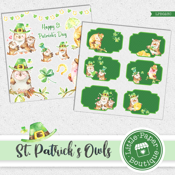 St Patrick's Day Owls Watercolor Ephemera Tags Digital Paper LPB023C